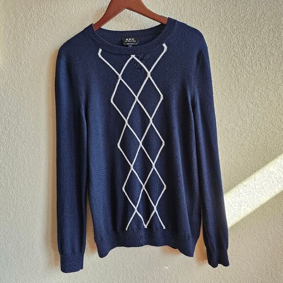 A.P.C. Stephen Navy knit argyle pullon sweater unisex size large merino wool - Picture 8 of 8
